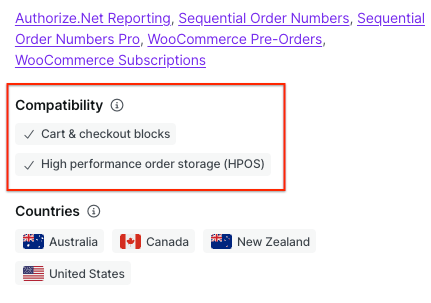 WooCommerce.com product page compatibility section showing HPOS support information.