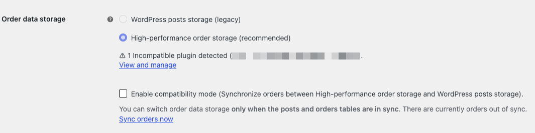 WooCommerce HPOS compatibility warning showing an active extension preventing HPOS from being enabled.