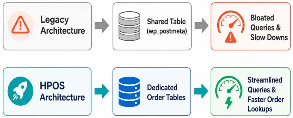 Diagram comparing legacy WooCommerce order storage using shared WordPress post metadata with HPOS using dedicated order tables for faster order lookups.