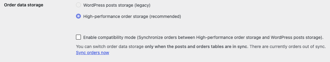WooCommerce Advanced Features screen showing the Order Data Storage settings for HPOS.